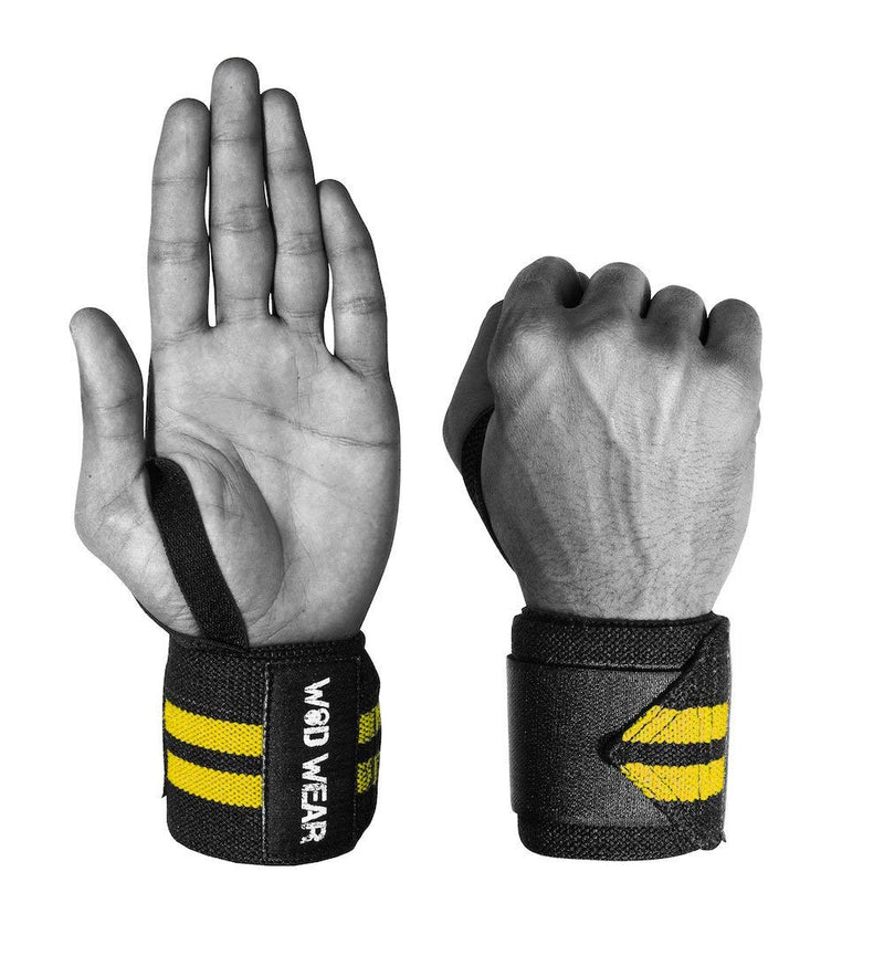 WOD Wear Elastic Wrist Wraps for Powerlifting, Strength Training, Bodybuilding, Cross Training, Olympic Weightlifting, Yoga Support - One Size Fits All - 100% Black // Yellow Stripes - NewNest Australia