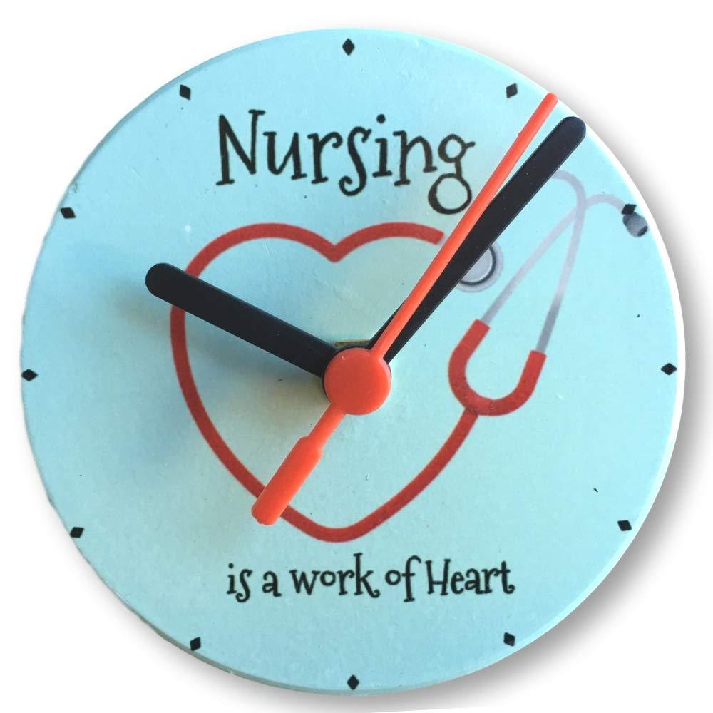 NewNest Australia - BANBERRY DESIGNS Nurse Wall or Desktop Clock - Nursing is a Work of Heart Quote - Heart Stethoscope Design - 4.25 Inches Diam 