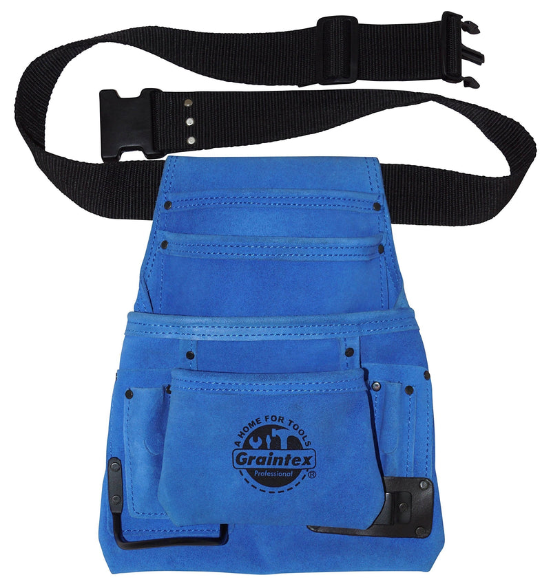 Graintex SS2138 10 Pocket Nail & Tool Pouch Blue Color Suede Leather with 2” Webbing Belt for Constructors, Electricians, Plumbers, Handymen - NewNest Australia