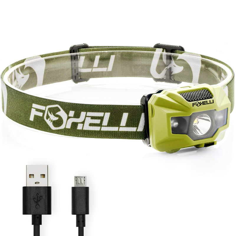 Foxelli USB Rechargeable Headlamp Flashlight - 180 Lumen, up to 40 Hours of Constant Light on a Single Charge, Bright White Led + Red Light, Compact, Easy to Use, Lightweight & Comfortable Headlight Khaki - NewNest Australia