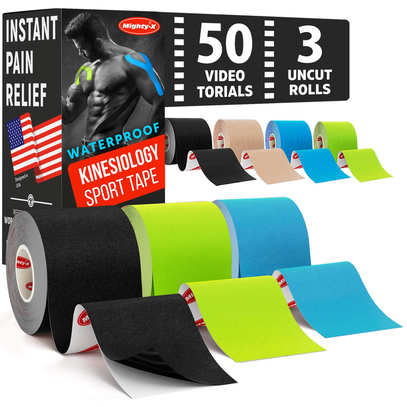 (3 Uncut Rolls) Waterproof Kinesiology Tape - Immediate Pain Relief - 16.4ft Runners Tape with Great Adhesion + 50 Video Guides - Latex Free - K Tape Roll Mixed - NewNest Australia
