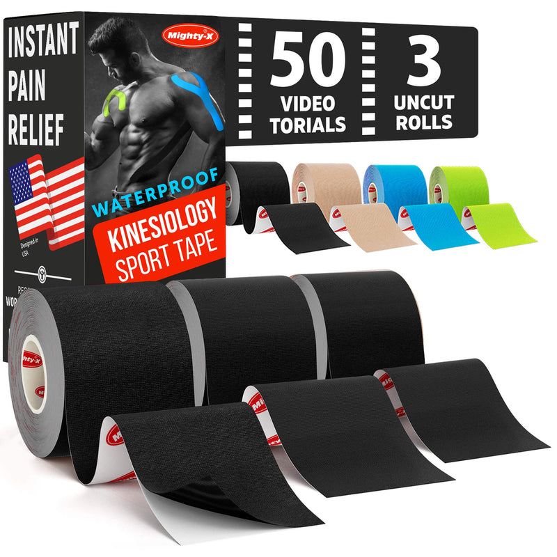 (3 Uncut Rolls) Waterproof Kinetic Tape for Knees and Shoulders + 50 Video Guides - Immediate Pain Relief - Use as: Knee Tape, Muscle Tape, Shoulder Tape - 16.4ft - Latex Free - Great Adhesion - NewNest Australia