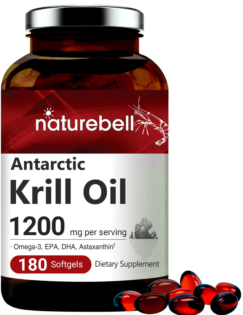 Triple Strength Antarctic Krill Oil Supplement, 1200mg Per Serving, 180 Softgels, Source of Natural Omega 3, EPA, DHA and Astaxanthin, Heart Health Supplement With No Fish Oil Aftertaste, Mercury Free 180 Count (Pack of 1) - NewNest Australia