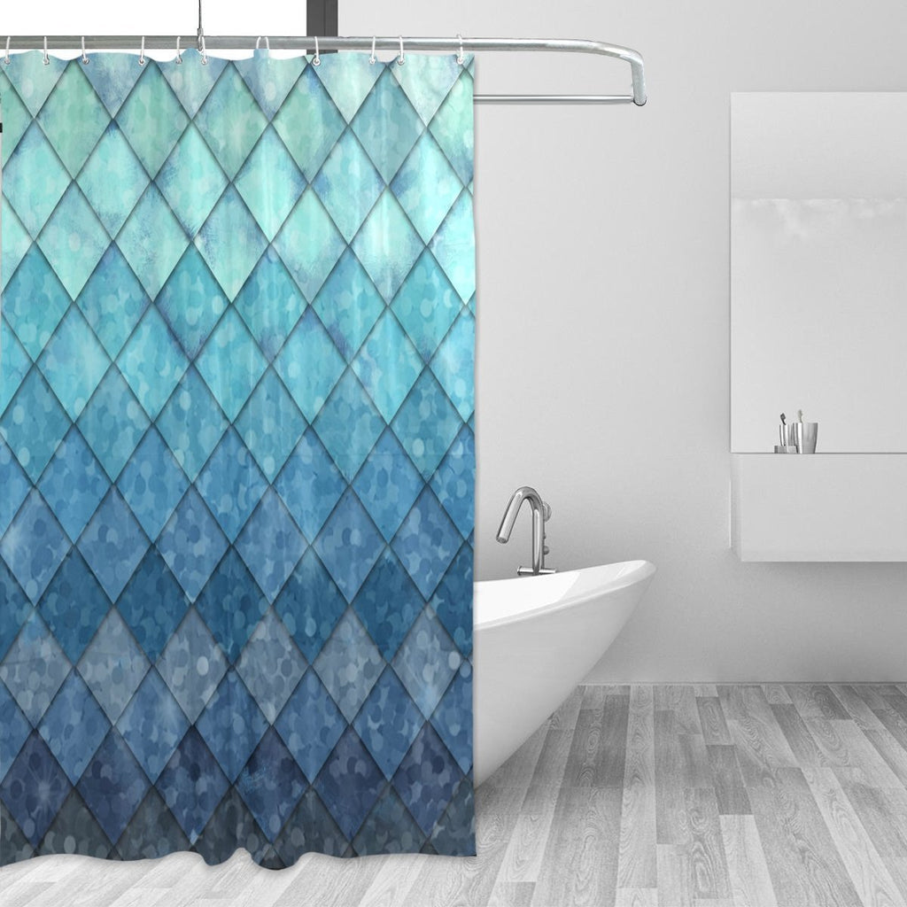 ZOEO Shower Curtain Backdrop Ocean Blue Teal Mermaid Fish Scales Geometric Rhombus Bathroom Home Decor Set Fabric Bridal Polyester Washable Waterproof 12 Hooks for Women 72x72 Inch - NewNest Australia