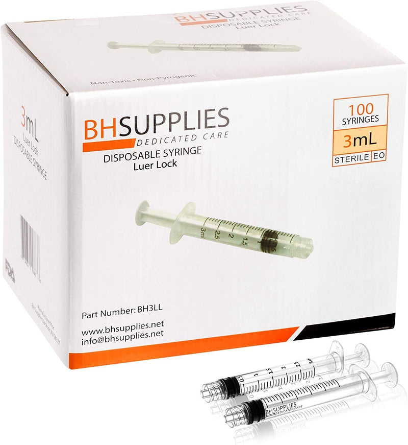 3ml Syringe Sterile with Luer Lock Tip - 100 Syringes by BH Supplies (No Needle) Individually Sealed - NewNest Australia