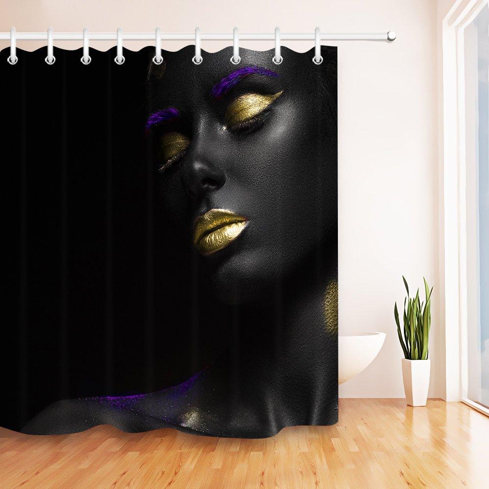 LB African American Shower Curtains for Bathroom Black Woman with Gold Lips Funny Sexy Black Art Shower Curtain African Bathroom Sets 72x72 Inch Waterproof Polyester Fabric 72Wx72L - NewNest Australia