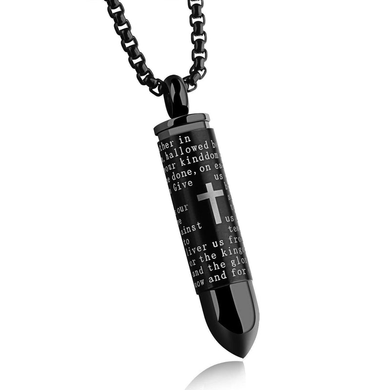 Lord's Prayer Cross Bullet Pendant Stainless Steel Lords Bible Cross Prayer Cremation Ashes Urn Necklace, Free Chain Black - NewNest Australia