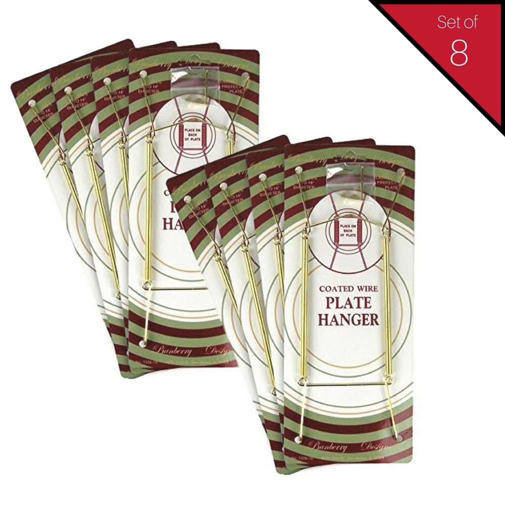 NewNest Australia - BANBERRY DESIGNS Brass Vinyl Coated Plate Hanger 10 to 14 Inch - Set of 8 Pcs - Clear Vinyl Sleeves Protect The Plate - Hook and Nail Included 