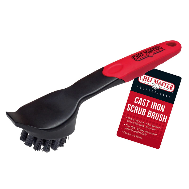 Chef Master 90058 Cast Iron Scrub Brush | Comfortable Plastic Grip | Quality Nylon Scraper and Bristles | Does not Damage Cast Iron | Use on Cast Iron Skillets | Easily Cleans Old Food and Buildup - NewNest Australia