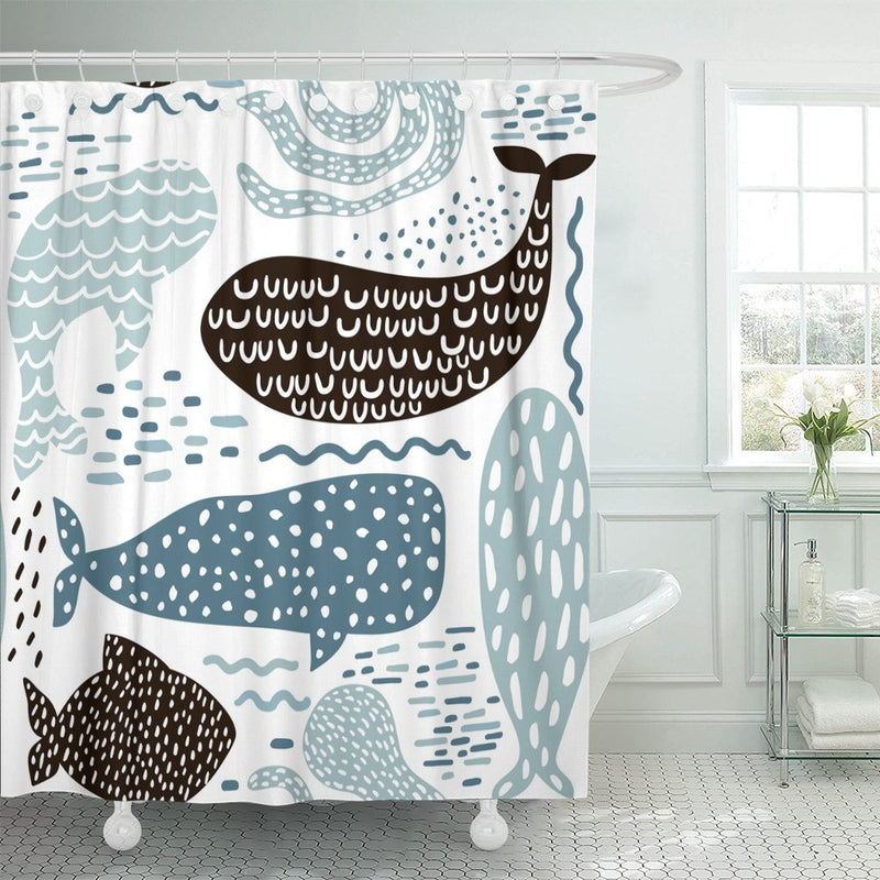 Emvency Shower Curtain Black Abstract with Nautical Sea Animal Kids Fur Seal Whale Octopus Fish Childish in Pastel Colors Blue Baby Brush Waterproof Polyester Fabric 72 x 72 inches Set with Hooks 72"W x 72"L - NewNest Australia