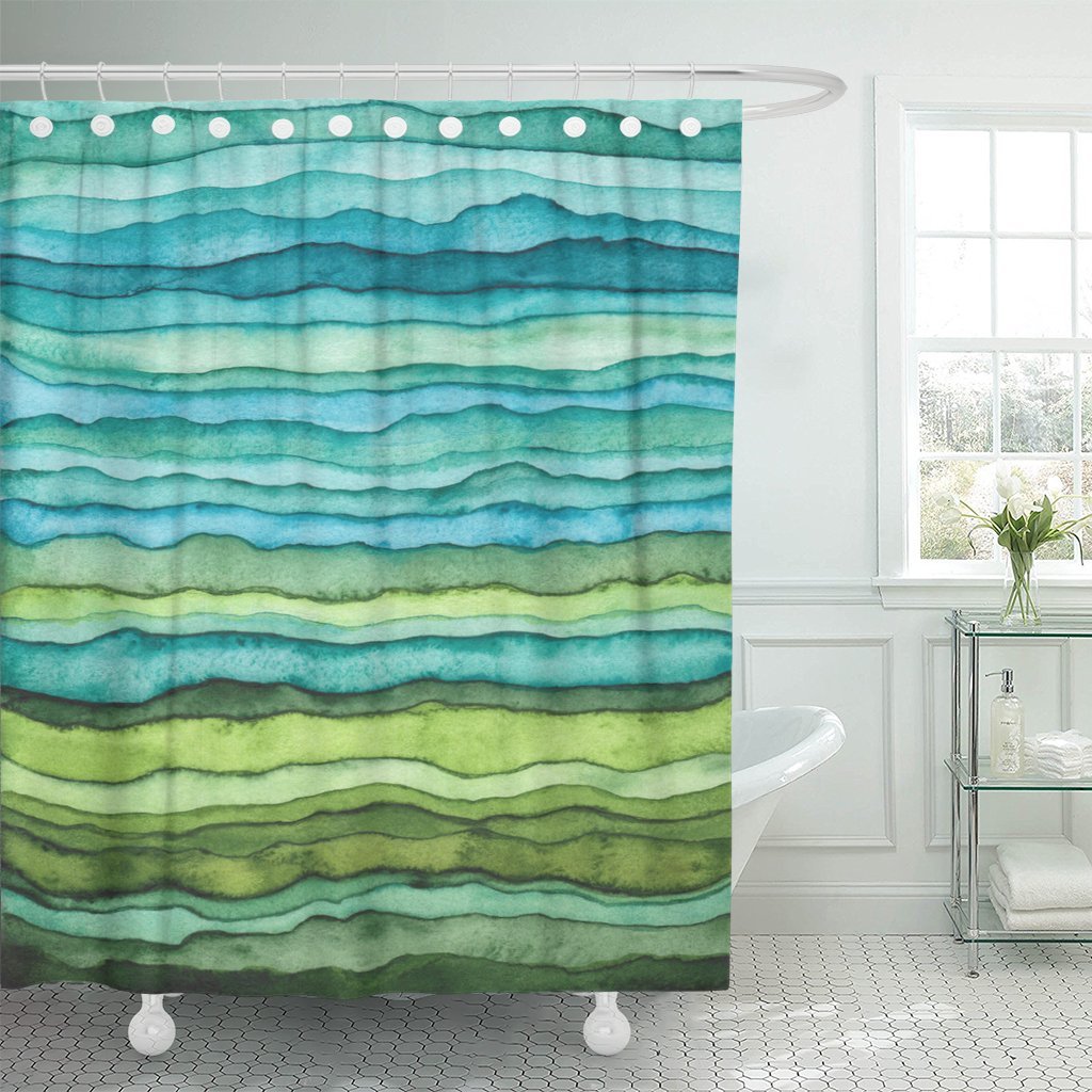 Emvency Shower Curtain Abstract Bright Blue and Green Waves Stripped Watercolor Brush Drawn Waterproof Polyester Fabric 72 x 72 inches Set with Hooks 72"W x 72"L - NewNest Australia