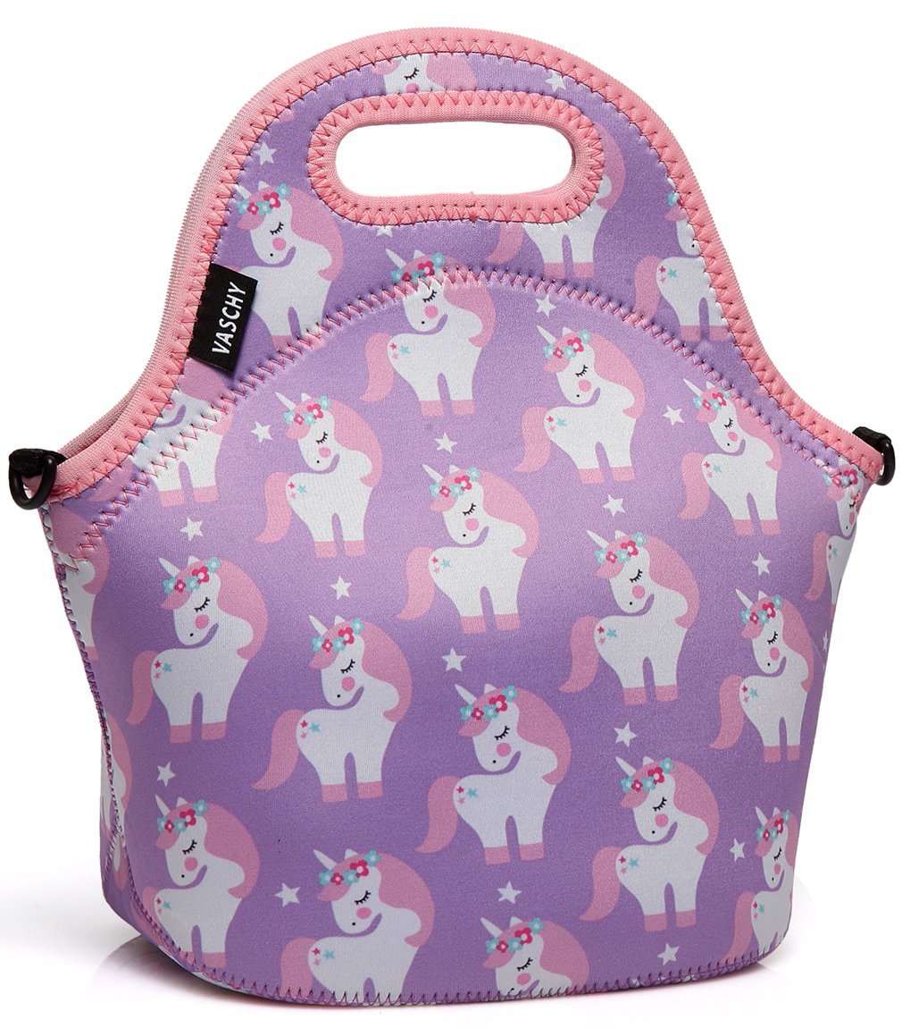 NewNest Australia - VASCHY Lunch Box Bag for Girls, Neoprene Insulated Lunch Tote with Detachable Adjustable Shoulder Strap in Pink Unicorn 