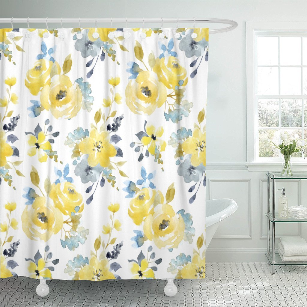 Emvency Shower Curtain Black Floral Watercolor Bright Summer Pattern Yellow and Blue Abstract Flowers Gray Simple Botanical Waterproof Polyester Fabric 72 x 72 inches Set with Hooks 72"W x 72"L - NewNest Australia