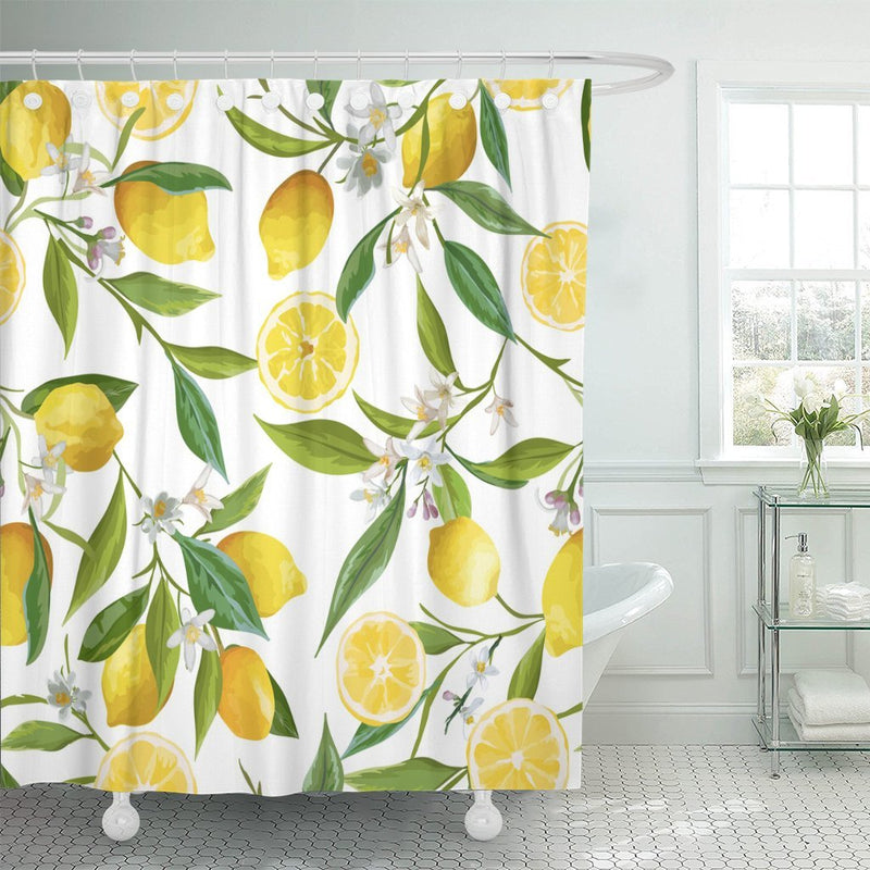 TOMPOP Shower Curtain Green Floral Pattern Lemon Fruits Flowers Leaves Elegant Exotic Waterproof Polyester Fabric Bathroom 72 x 72 inches Set Hooks 72"W x 72"L - NewNest Australia