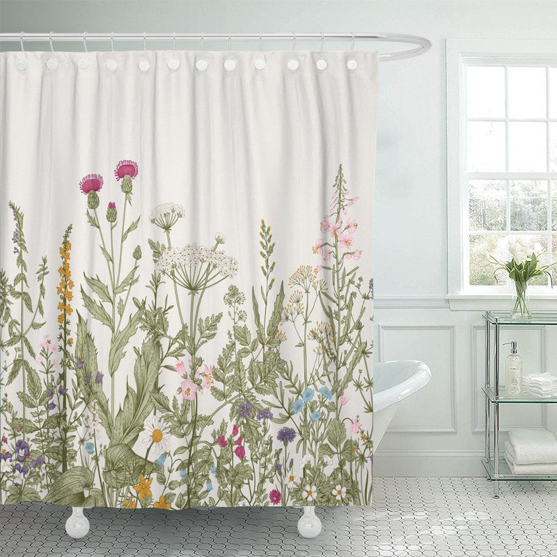 TOMPOP Shower Curtain Vintage Floral Border Herbs and Wild Flowers Botanical Engraving Style Colorful Field Vegetation Waterproof Polyester Fabric 72 x 72 inches Set with Hooks 72"W x 72"L - NewNest Australia