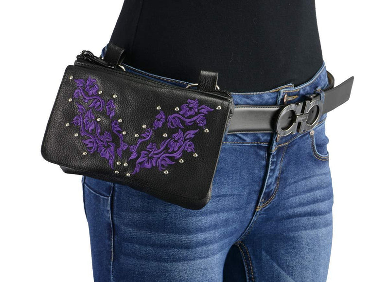 Milwaukee Leather MP8853 Women's 'Flower' Black and Purple Leather Multi Pocket Belt Bag with Gun Holster - One Size - NewNest Australia