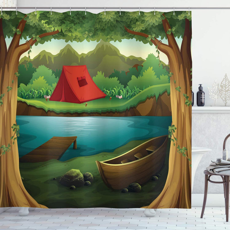 Lunarable Camping Shower Curtain, Idyllic Nature Scene of a Deep Forest with Lake and Mountains Cartoon Woodland, Cloth Fabric Bathroom Decor Set with Hooks, 84" Long Extra, Brown Green - NewNest Australia
