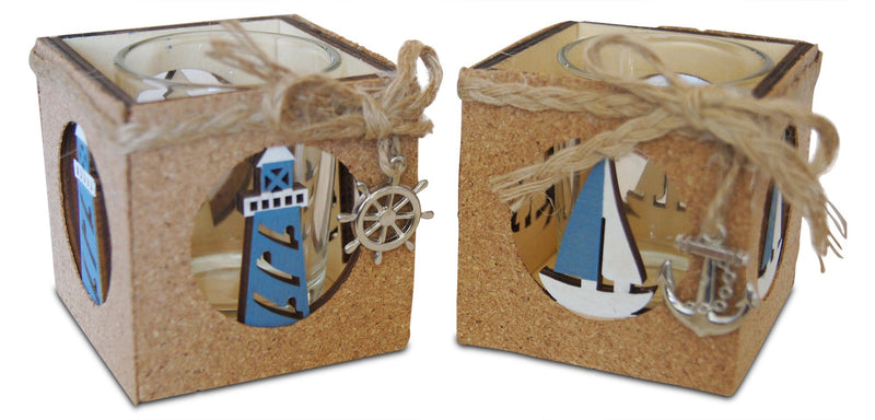 NewNest Australia - Shoreside Nautical 2-Piece Lighthouse & Sailboat Cork Covered Rustic Tea Light Candle Holder Home & Room Beach Decor 