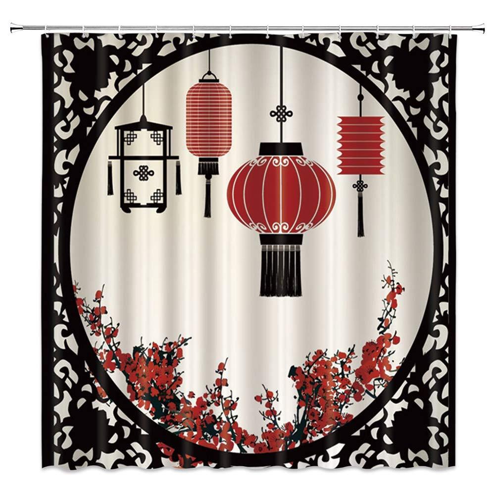 BCNEW China Window Shower Curtain Decor Oriental Lantern Plum Blossoms Red Flower Bathroom Curtain Polyester Fabric Machine Washable with Hooks 70x70 Inches Black Red 70" W x 70"H - NewNest Australia