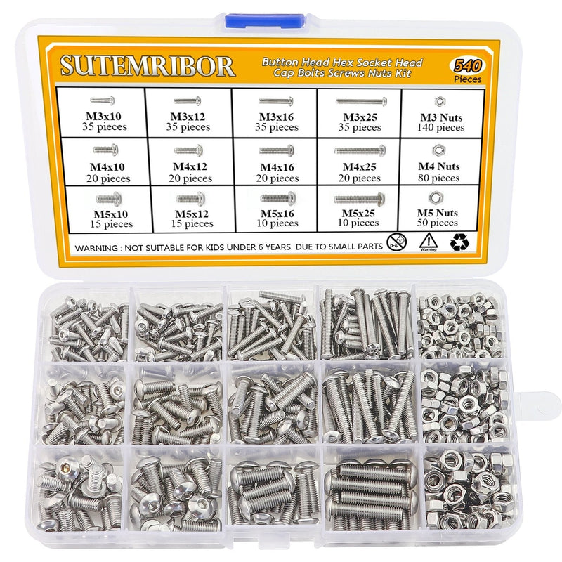 Sutemribor M3 M4 M5 Stainless Steel Button Head Hex Socket Head Cap Bolts Screws Nuts Assortment Kit, 540PCS - NewNest Australia