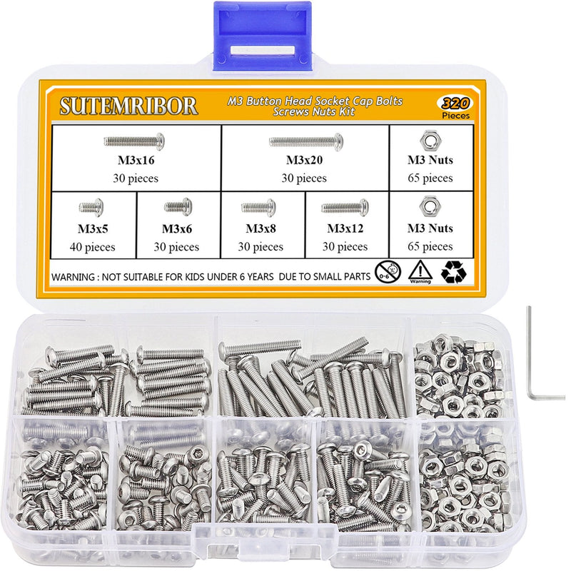 Sutemribor 320 Pieces M3 Stainless Steel Button Head Hex Socket Head Cap Bolts Screws Nuts Assortment Kit + Wrench - NewNest Australia