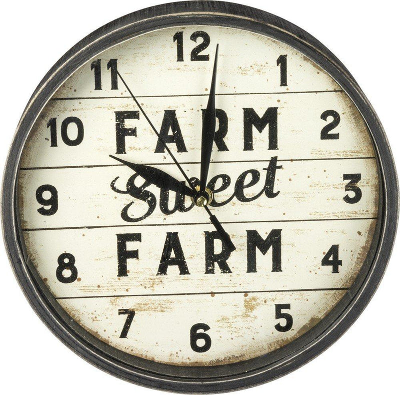 NewNest Australia - Primitives by Kathy Distressed Round Slatted Wood Clock, Farm Sweet Farm 