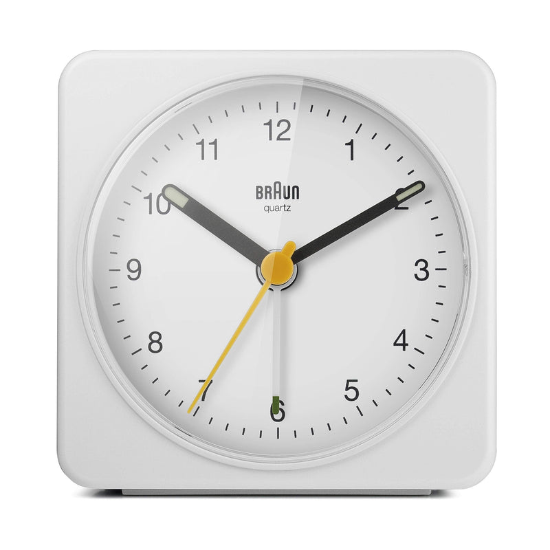 NewNest Australia - Braun Classic Analogue Alarm Clock with Snooze and Light, Quiet Quartz Sweeping Movement, Crescendo Beep Alarm in White, Model BC03W. 