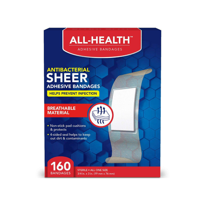 All Health Antibacterial Sheer Adhesive Bandages, 3/4 in x 3 in, 160 ct | Helps Prevent Infection, Extra Large Comfortable Protection for First Aid and Wound Care - NewNest Australia