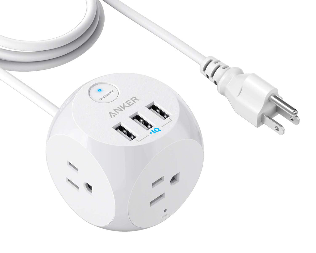 Anker Power Strip with USB, 5 ft Extension Cord, PowerPort Cube USB with 3 Outlets and 3 USB Ports, Portable Design, Overload Protection for iPhone XS/XR, Compact for Travel, Cruise Ship, and Office 5ft White - NewNest Australia