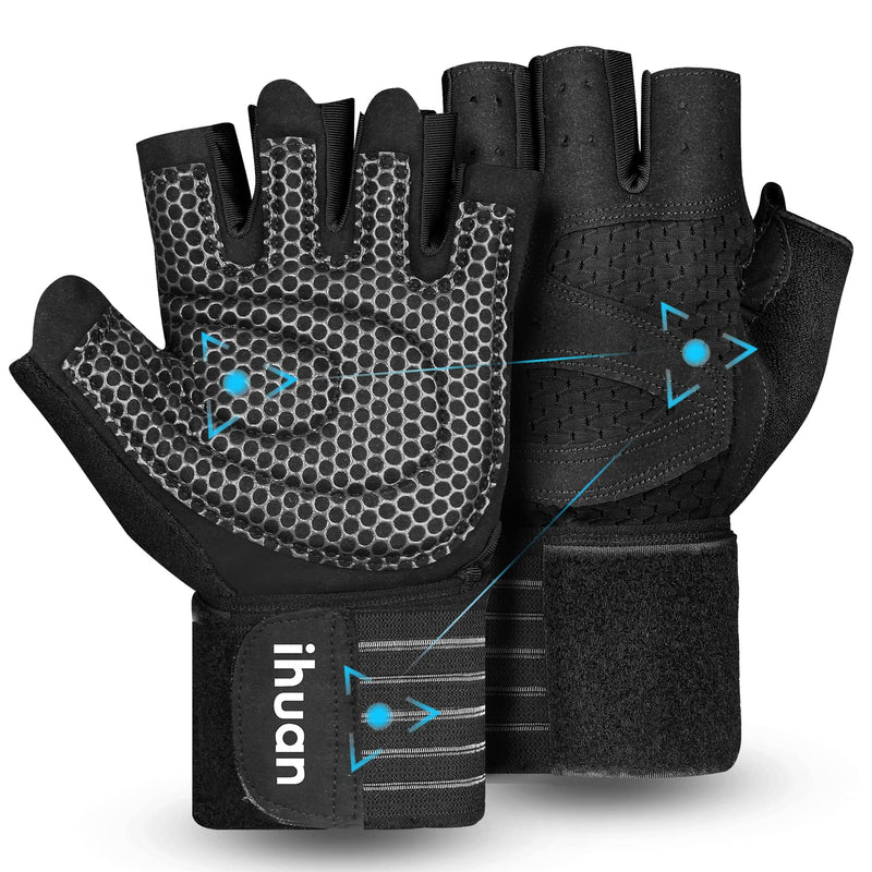 ihuan Ventilated Weight Lifting Gym Workout Gloves with Wrist Wrap Support for Men & Women, Full Palm Protection, for Weightlifting, Training, Fitness, Hanging, Pull ups Black Large - NewNest Australia