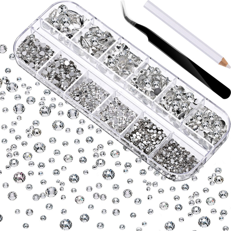 2000 Pieces Flat Back Gems Round Crystal Rhinestones 6 Sizes (1.5-6 mm) with Pick Up Tweezer and Rhinestones Picking Pen for Crafts Nail Face Art Clothes Shoes Bags DIY (Clear) Clear - NewNest Australia