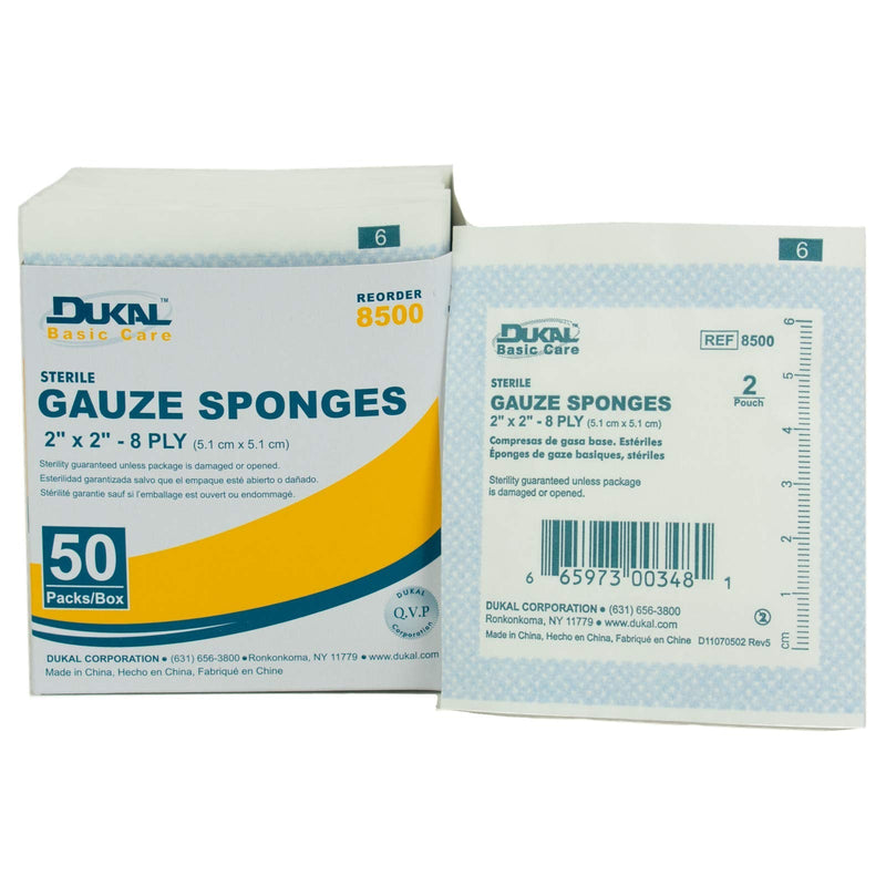 Dukal Basic Gauze Sponges, Sterile, 8 ply, Box of 50 (2's), 2" x 2" - NewNest Australia