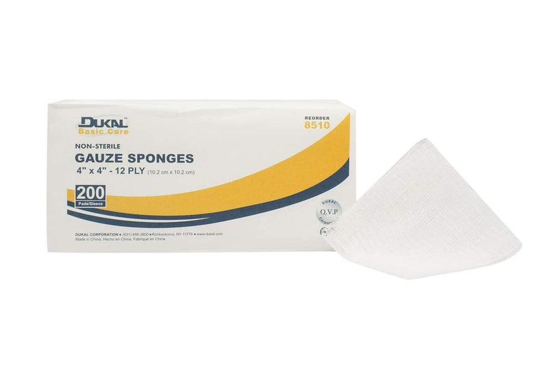 Dukal Basic Gauze Sponges, Non-Sterile, 12-ply, Bag of 200, 4"x4", 100% Woven Cotton, Wound Care Supplies for Healthcare Professionals, Clinics, Training Rooms, On-the-go - NewNest Australia
