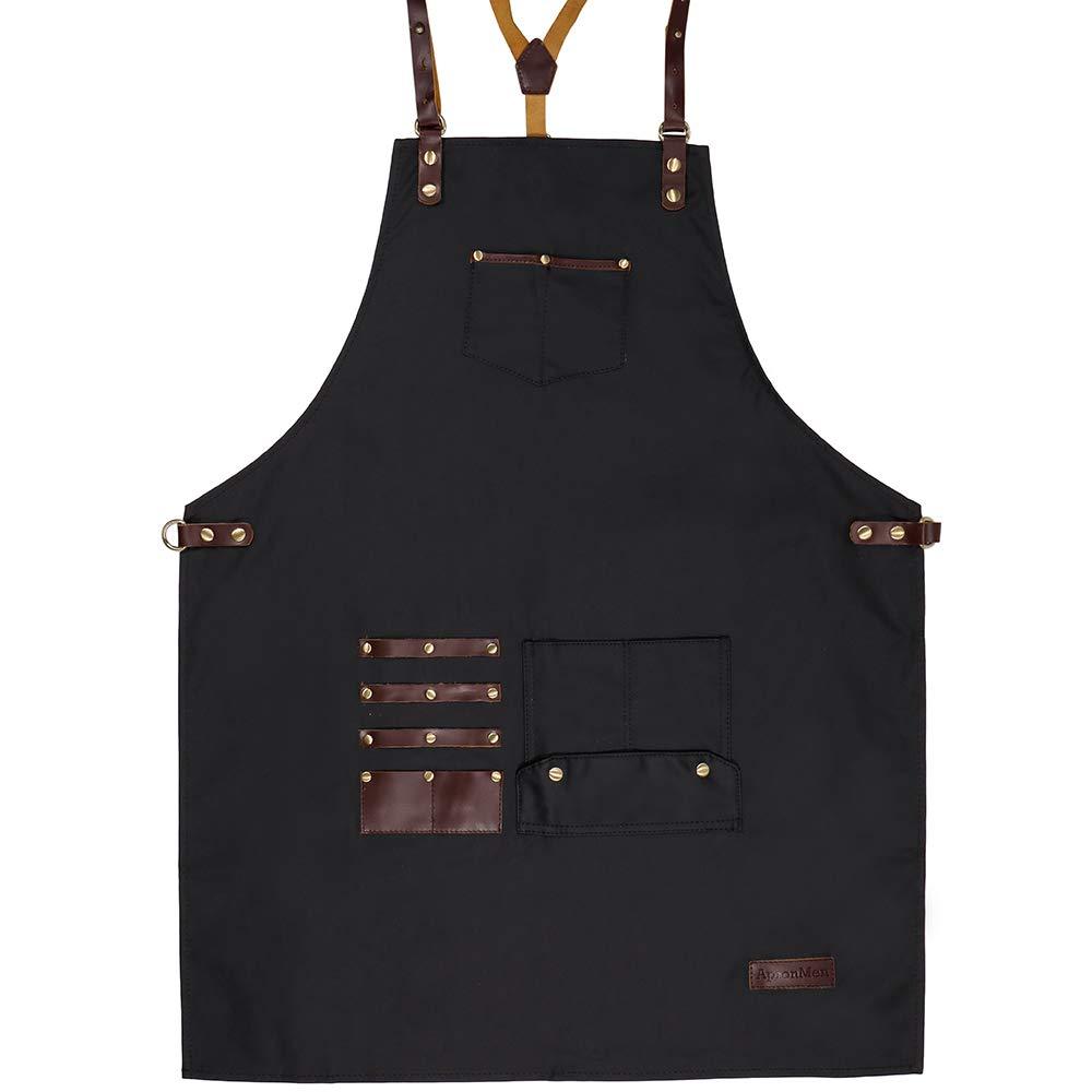 Professional Barber Apron - Waterproof PUL 14oz Fabric with Leather Straps and Accents - Premium Black Stylist Apron with Slot Pockets for Scissors and Tools - Comfort Fit Back Straps - NewNest Australia