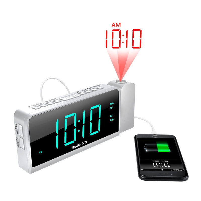 NewNest Australia - Projection Alarm Clock with AM/FM Radio, 180°Projector, 7" LED Digital Ceiling Display, Easy to Use, Clear Cyan Digit, 3 Dimmer, Digital Alarm Clock with USB Phone Charger, Battery Backup for Bedroom White 