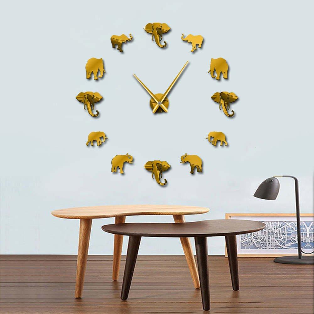 NewNest Australia - The Geeky Days Jungle Animals Elephant DIY Large Wall Clock Home Decor Modern Design Mirror Effect Giant Frameless Elephants DIY Clock Wall Watch (Gold) Gold 