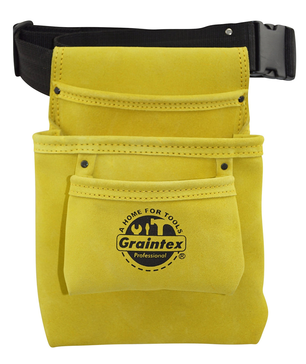 GRAINTEX SS2309 3 Pocket Nail & Tool Pouch Yellow Color Suede Leather with 2” Webbing Belt for Constructors, Electricians, Plumbers, Handymen - NewNest Australia