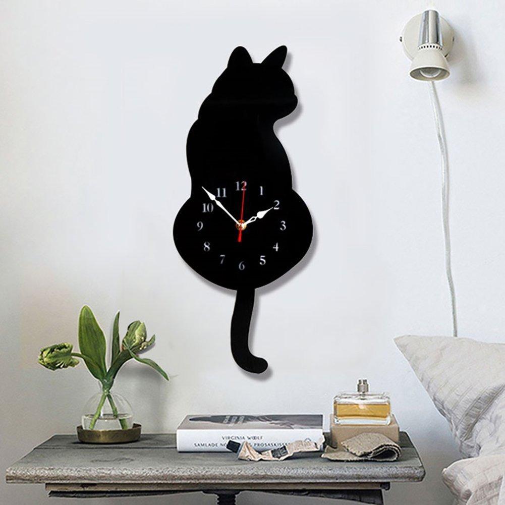 NewNest Australia - Ukey Wall Clock Creative DIY Cat Acrylic Wall Clock with Swing Tail Pendulum for Living Room Bedroom Kitchen Home Décor - Battery Not Included (42CM x 18CM) Black 