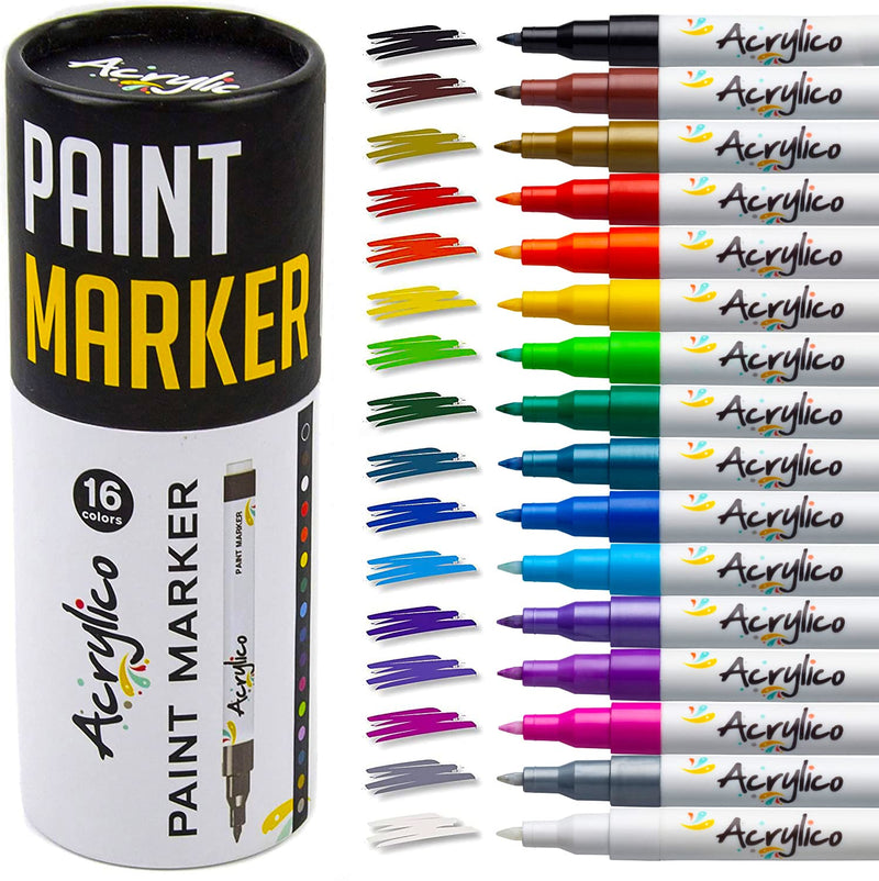 Acrylico Acrylic Paint Pen Set of 16 - Extra Fine Tip Point Pens with 4 Metallic Markers - Rock, Glass, Wood & Fabric Painting Art Supplies, Adults & Kids Arts Craft Kit for Scrapbooking & Drawing - NewNest Australia