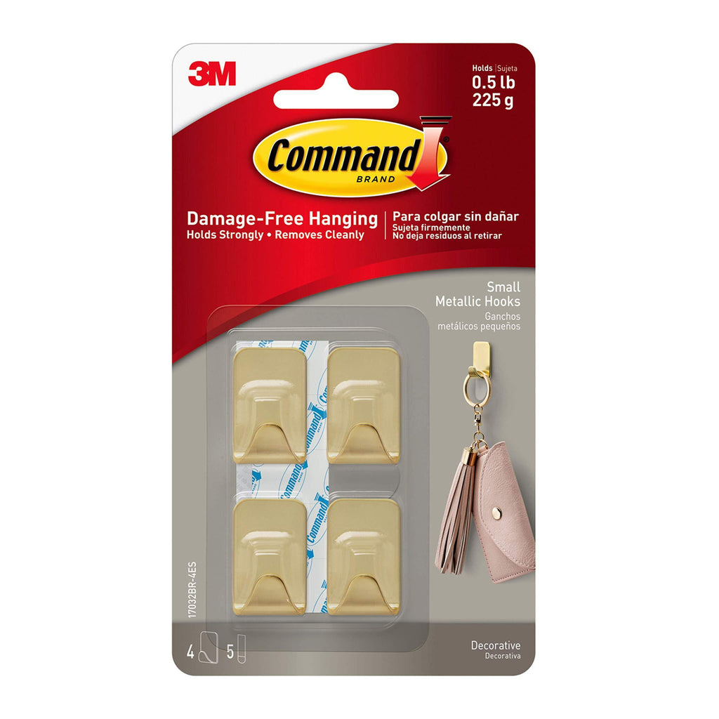 NewNest Australia - Command 17032BR-4ES Small Metallic Hooks, 4 Hooks and 5 Strips, Brass Color, Great for dorm decor 