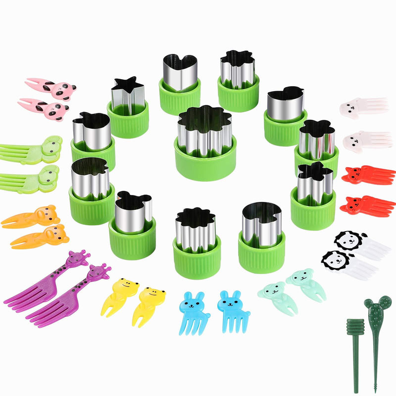 NewNest Australia - Vegetable Cutters Shapes Set, 12pcs Stainless Steel Mini Cookie Cutters, Vegetable Cutter and Fruit Stamps Mold + 20pcs Cute Cartoon Animals Food Picks and Forks -for Kids Baking and Food Supplement 