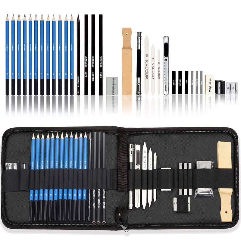 Kalour 33 Pieces Professional Drawing Sketching Pencils set,Portable Zippered Travel Case-Charcoal Pencils, sketch Pencils, Charcoal Stick.Drawing Supplies Perfect for Artists and Beginners - NewNest Australia