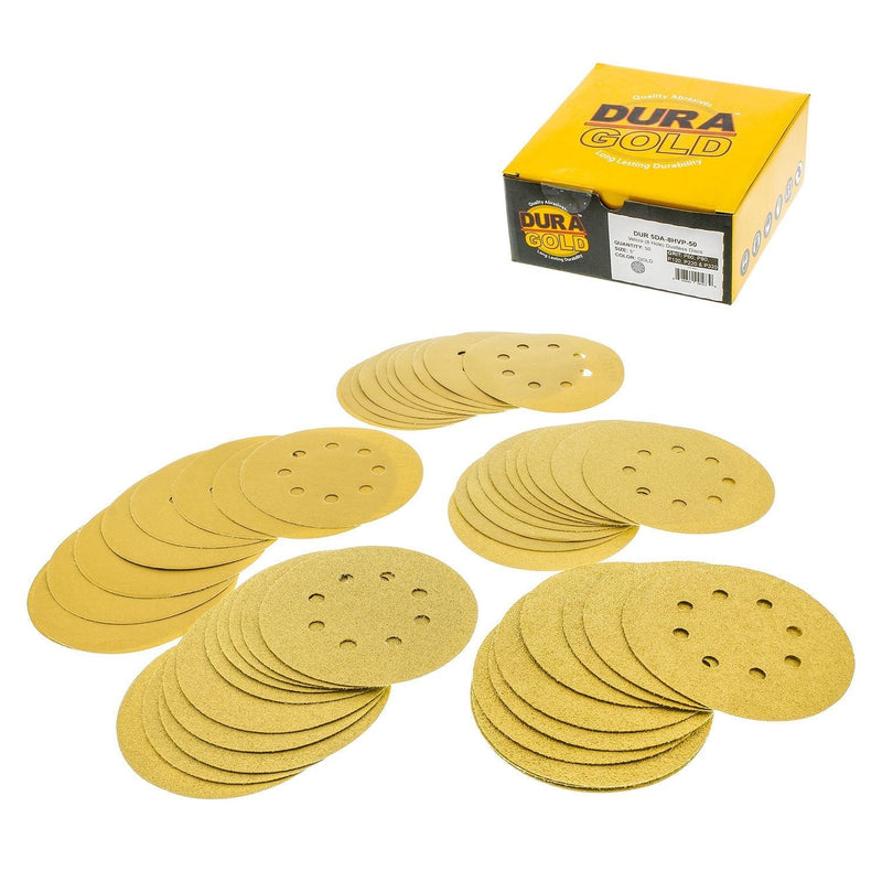 Dura-Gold Premium - Variety Pack - 5" Gold Sanding Discs - 8-Hole Dustless Hook and Loop - 10 each of Grit (60, 80, 120, 220, 320) -Box of 50 Sandpaper Finishing Discs for Woodworking or Automotive Variety Pack - 50 Discs - NewNest Australia