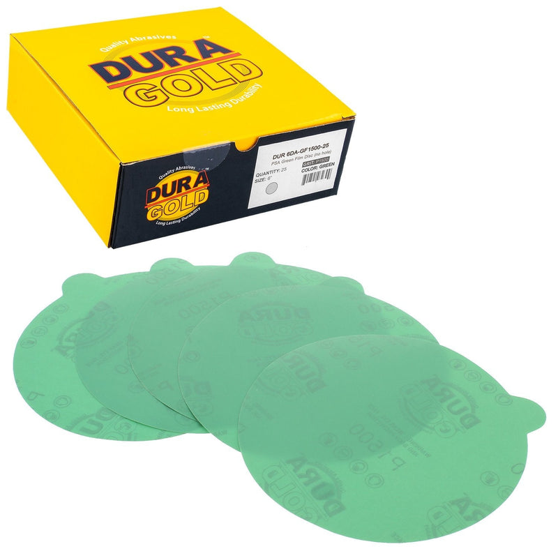 Dura-Gold Premium 6" Green Film PSA Sanding Discs - 1500 Grit (Box of 25) - Self Adhesive Stickyback Sandpaper for DA Sander, Detailing Finishing Cut Abrasive, Sand Automotive Paint Woodworking Wood 1500-Grit - NewNest Australia
