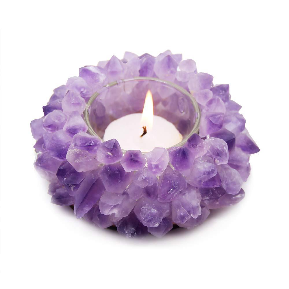 NewNest Australia - KINO Handmade Natural Amethyst Cluster Quartz Crystal Healing Votive Candle Holder Gemstone Tealight Holder Home Decor Reiki Stone 