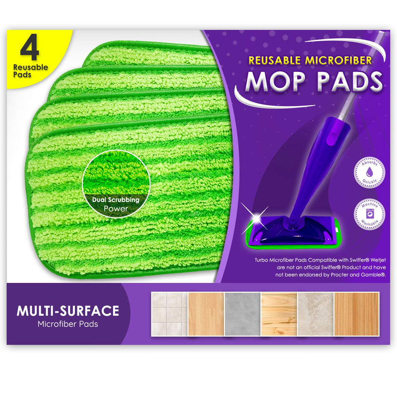 Turbo Mops Reusable Floor Mop Pads - Pack of 4 Machine Washable, 12-inch Microfiber Mop Refills - Swiffer Wet Jet Pads Alternative Compatible w/Swiffer - Household Cleaning Tools - NewNest Australia