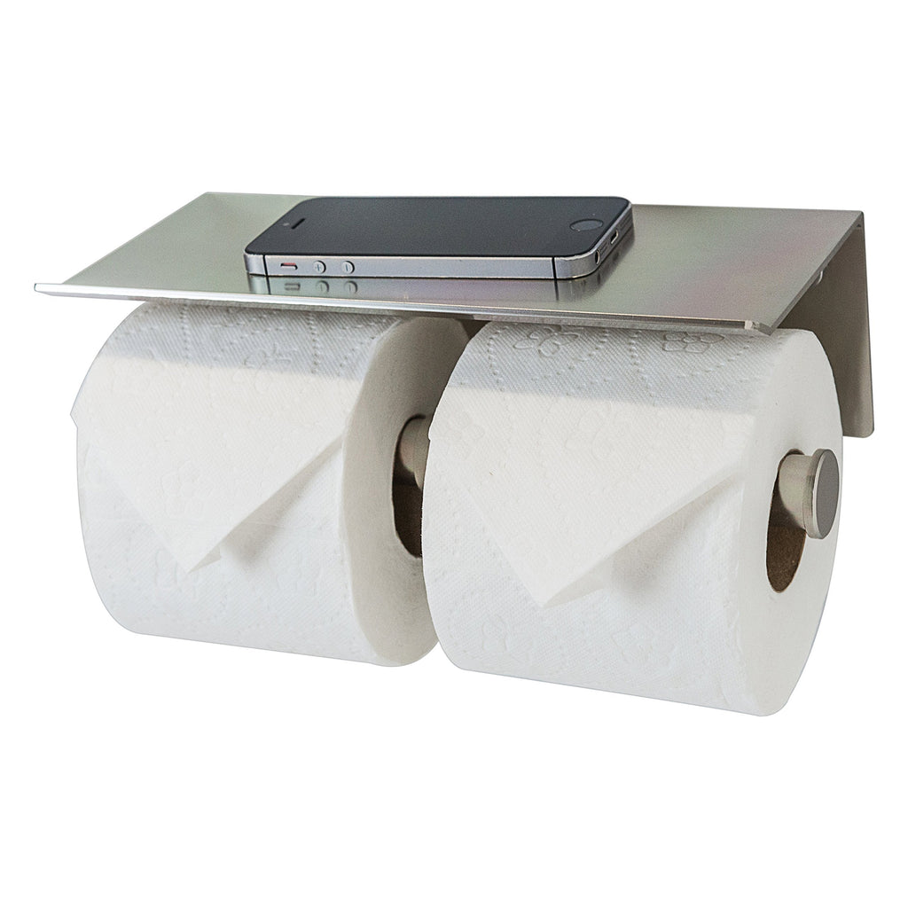 Neater Nest Adhesive Double Toilet Paper Holder with Phone Shelf, Supports Large Rolls, Modern Style (Brushed, 2-Roll) Brushed - NewNest Australia