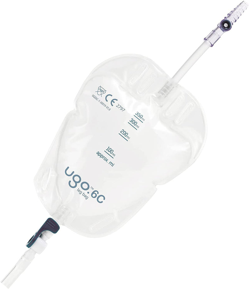 Ugo Leg Bags (x10) – Urine Drainage Bags/Catheter Leg Bags, T Tap or Lever Tap with Soft Fabric Backing and a Natural Leg-Shape Design (Pack of 10) (Ugo 6C - 350ml, Short Tube, Lever Tap) 1 Count (Pack of 10) - NewNest Australia