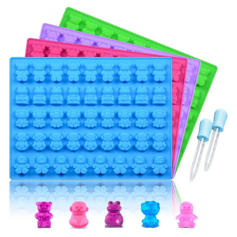 NewNest Australia - Silicone Candy Gummy Bear Molds - Chocolate Molds Including Bears, Frogs, Lions, Monkeys, Penguins Gummie Molds Premium Silicone BPA Free, Pinch Test Approved Pack of 4 with 2 Droppers 