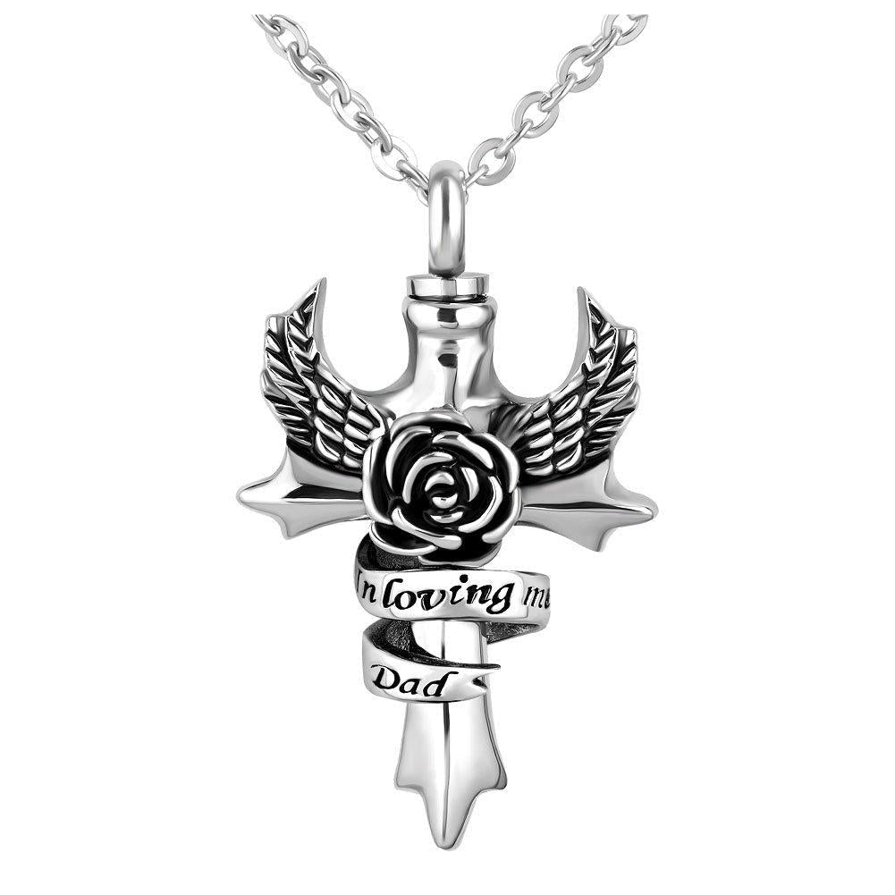 NewNest Australia - SexyMandala Urn Necklace for Ashes Cross Cremation Jewelry Angel Wing Keepsake Memorial Pendant for Family Dad 